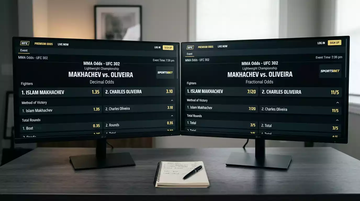 Side-by-side display of decimal and fractional odds formats on a sportsbook screen for a UFC fight