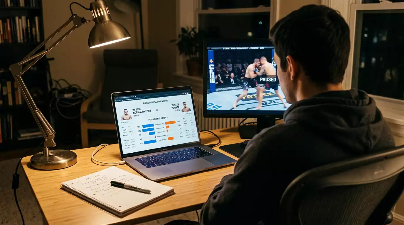 Analyst reviewing UFC fighter statistics and matchup data on a laptop screen