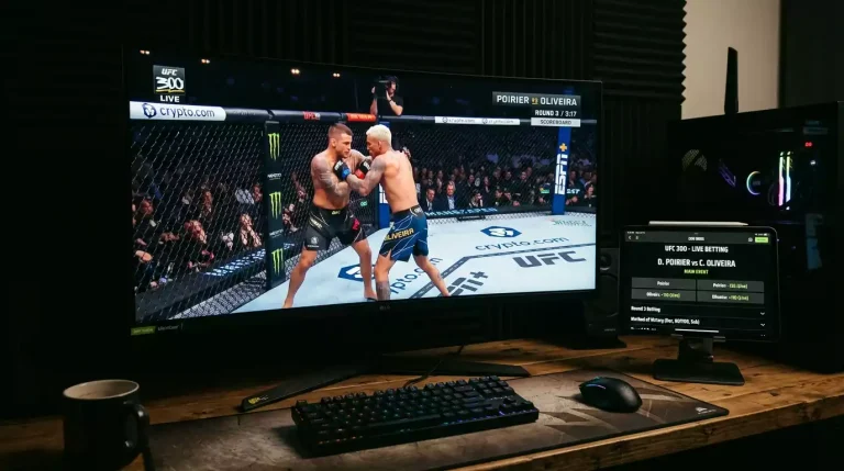 Split screen showing UFC live stream alongside in-play betting odds on a UK bookmaker
