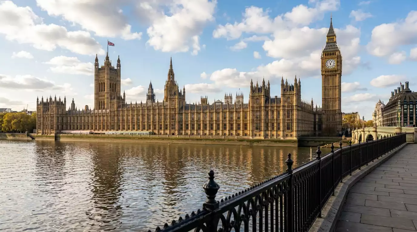 UK Parliament building with an overlay of gambling regulation documents and the UKGC logo